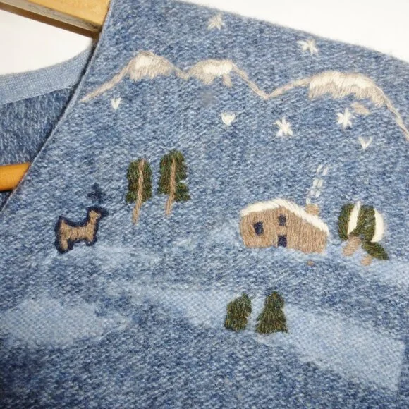 Vintage Woolrich 100% Lambs Wool Embroidered Sweater Indigo Heather Ski Deer LG - Picture 4 of 8